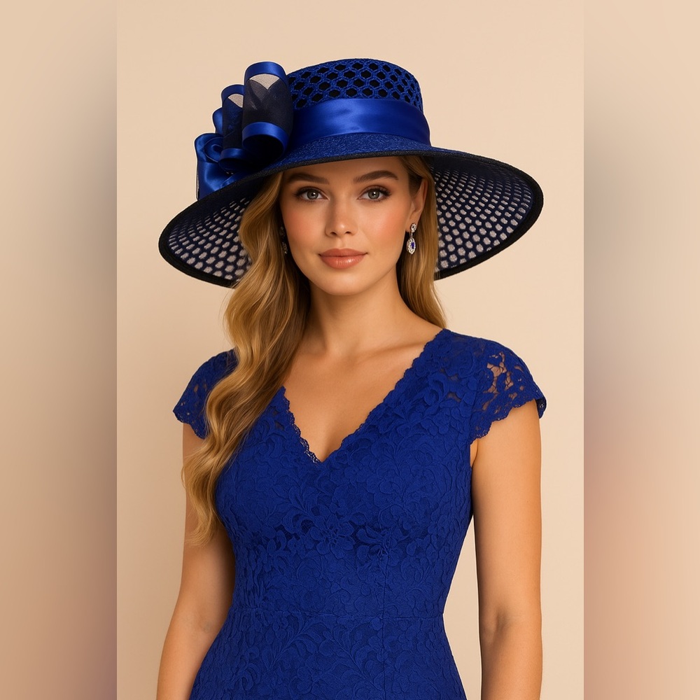 University of Kentucky Blue Wide-Brim Derby Hat – Elegant Lace & Bow Design